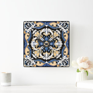 Blue Yellow White Black Azuleju Spanish Moroccan Square Wall Clock