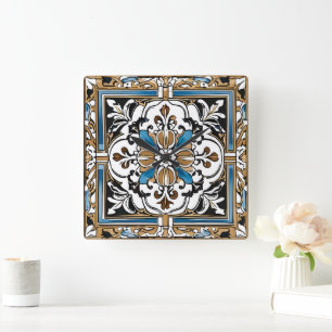 Blue Yellow White Black Azuleju Spanish Moroccan Square Wall Clock