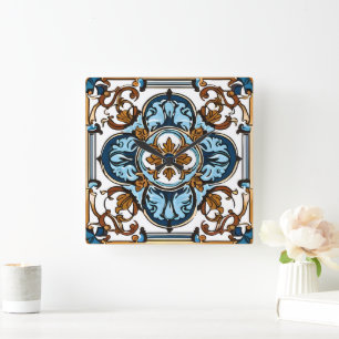 Blue Yellow White Black Azuleju Spanish Moroccan Square Wall Clock