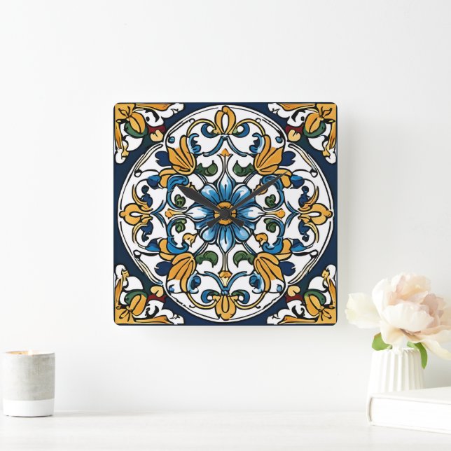 Blue Yellow White Black Azuleju Spanish Moroccan Square Wall Clock (Home)