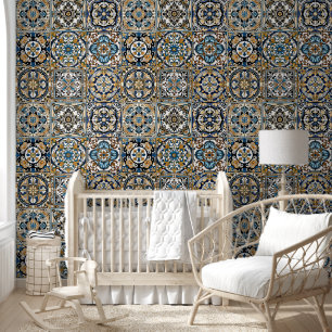 Blue Yellow White Black Azuleju Spanish Moroccan Wallpaper