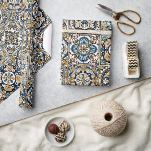 Blue Yellow White Black Azuleju Spanish Moroccan Wrapping Paper
