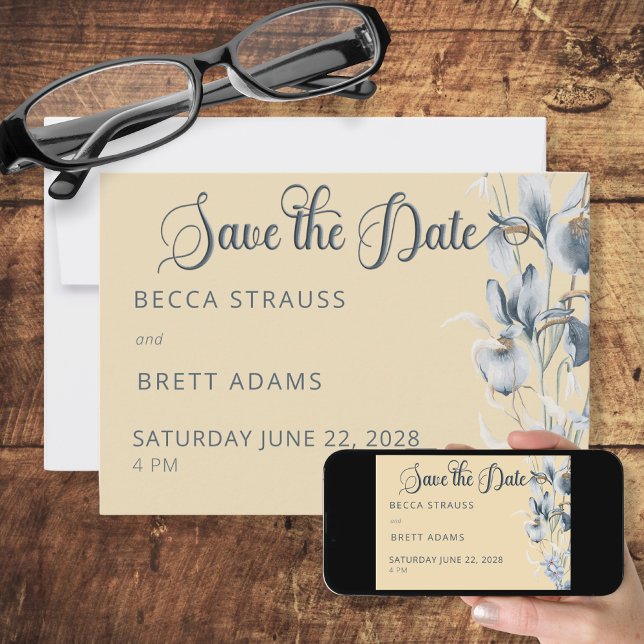 Blue Yellow & White Floral Save the Date Card (Creator Uploaded)