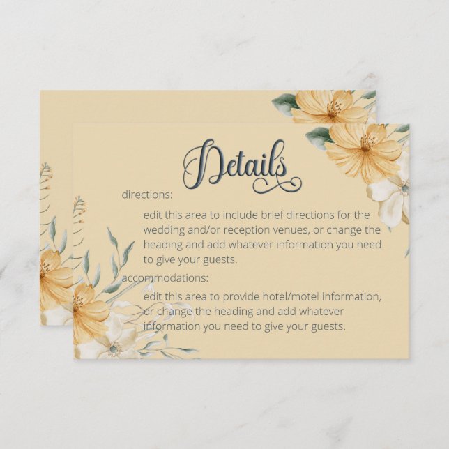 Blue Yellow & White Floral Wedding Details Enclosure Card (Front/Back)