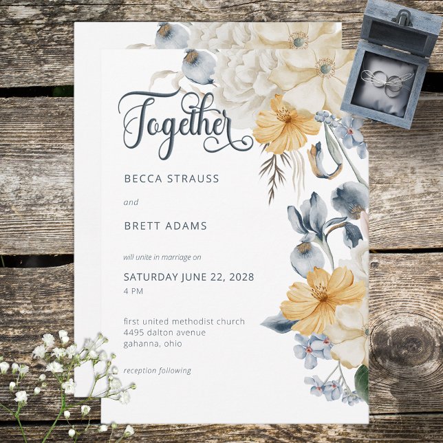 Blue Yellow & White Floral Wedding Invitation (Creator Uploaded)