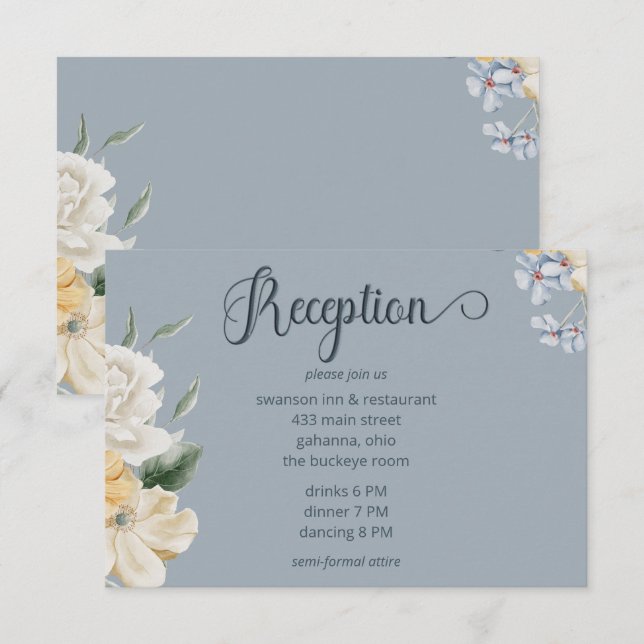 Blue Yellow & White Floral Wedding Reception Enclosure Card (Front/Back)