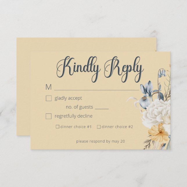 Blue Yellow & White Floral Wedding RSVP Card (Front/Back)