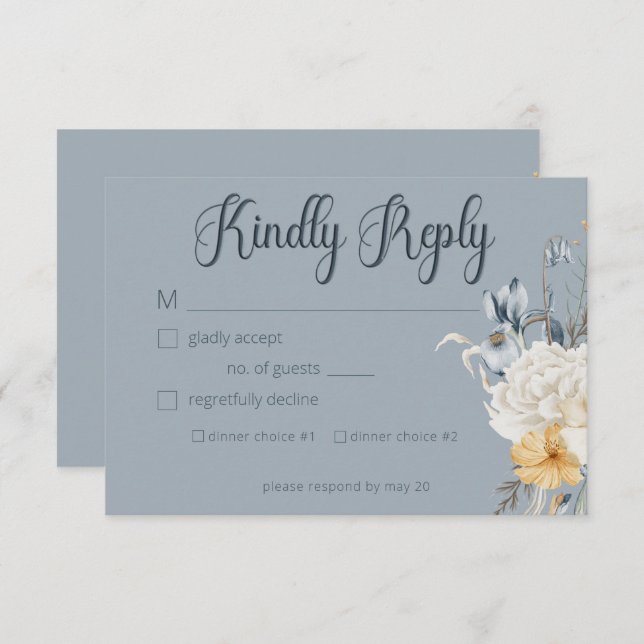 Blue Yellow & White Floral Wedding RSVP Card (Front/Back)