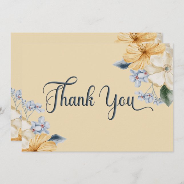 Blue Yellow & White Floral Wedding Thank You Card (Front/Back)