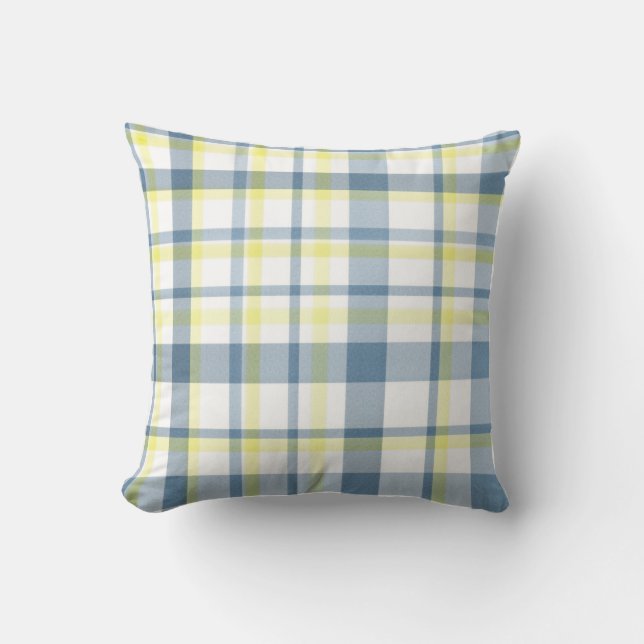 Blue Yellow White Watercolor Plaid Cushion (Front)