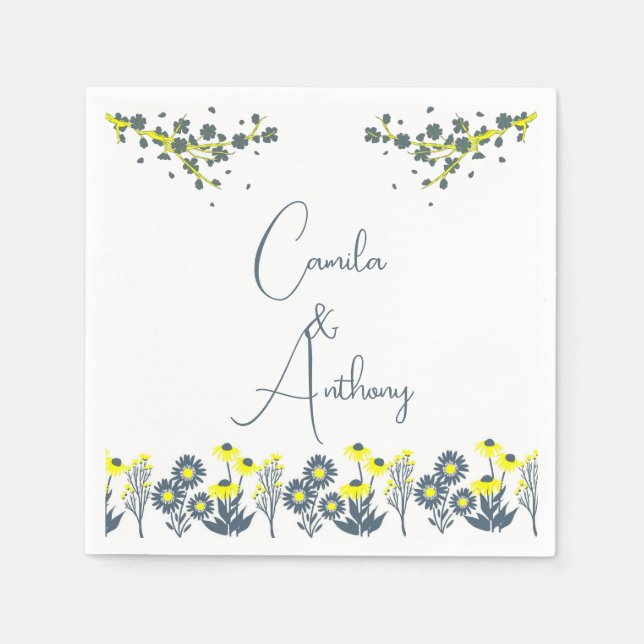 Blue Yellow Wildflower Floral Boho Wedding Napkin (Front)