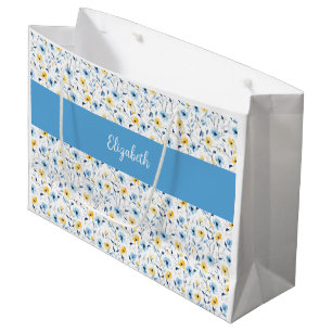 Blue Yellow Wildflower Watercolor Monogram Name Large Gift Bag
