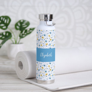 Blue Yellow Wildflower Watercolor Monogram Name Water Bottle