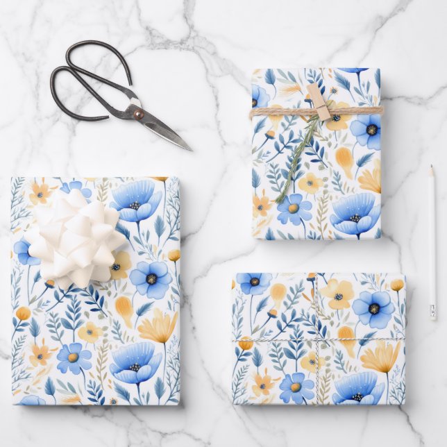 Blue Yellow Wildflowers Boho Baby Bridal Shower  Wrapping Paper Sheet (Front)