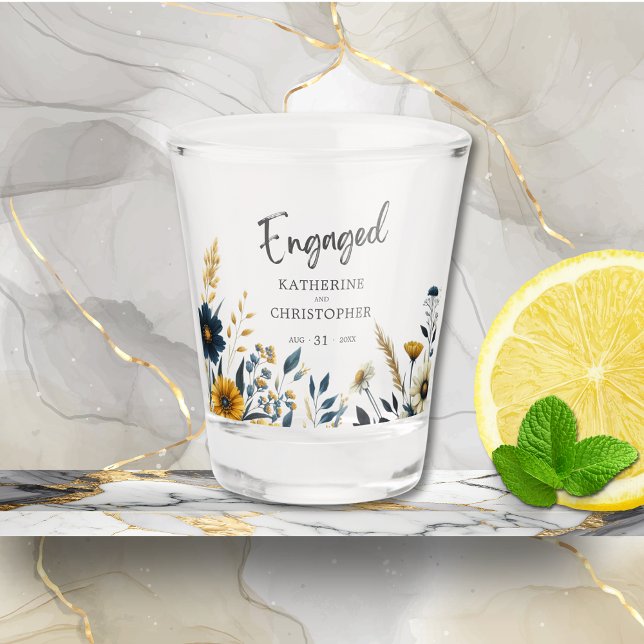 Blue Yellow Wildflowers Custom Engagement Party Shot Glass (Custom Dark Blue and Yellow Wildflowers Engagement Party Shot Glass with Couple's Names, Date.)