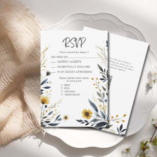 Blue Yellow Wildflowers Elegant QR Code Wedding RSVP Card