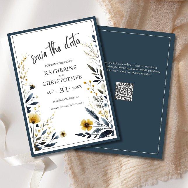 Blue Yellow Wildflowers Elegant Wedding Save The Date (Blue Yellow Wildflower Floral Elegant Wedding Save the Date with QR Code for Wedding Website.)