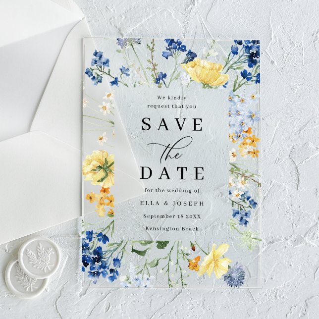 Blue & Yellow Wildflowers Wedding Save The Date Acrylic Invitations (Creator Uploaded)