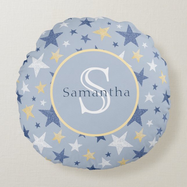 Blue & Yellow Winter Stars Personalised Monogram Round Cushion (Front)