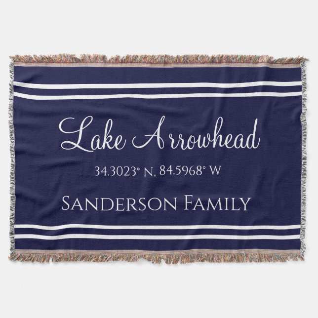 Blue Your Lake Family Name  Map Coordinates  Thro Throw Blanket (Front)