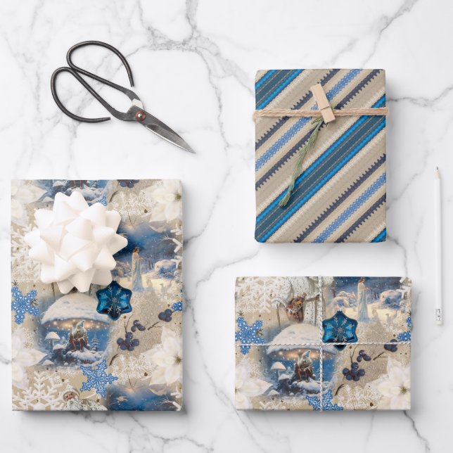 Blue Yuletide Fantasy Wrapping Paper (Front)
