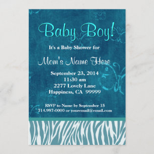 Blue Zebra and Butterflies Boy Baby Shower Invitation
