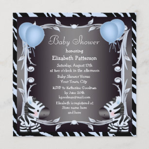Blue Zebra & Balloons Animal Print Baby Shower Invitation