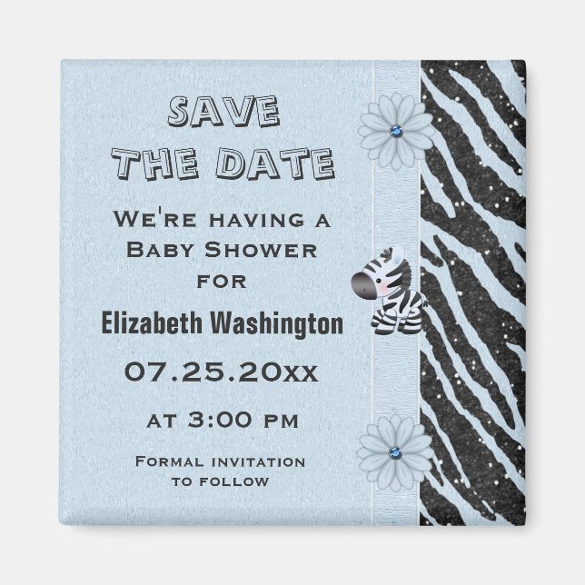 Blue Zebra & Flowers Baby Shower Save the Date Magnet (Front)