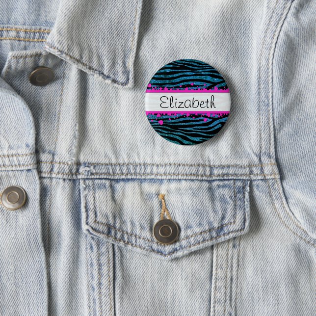 Blue Zebra, Glitter Zebra, Zebra Print, Your Name 6 Cm Round Badge (In Situ)