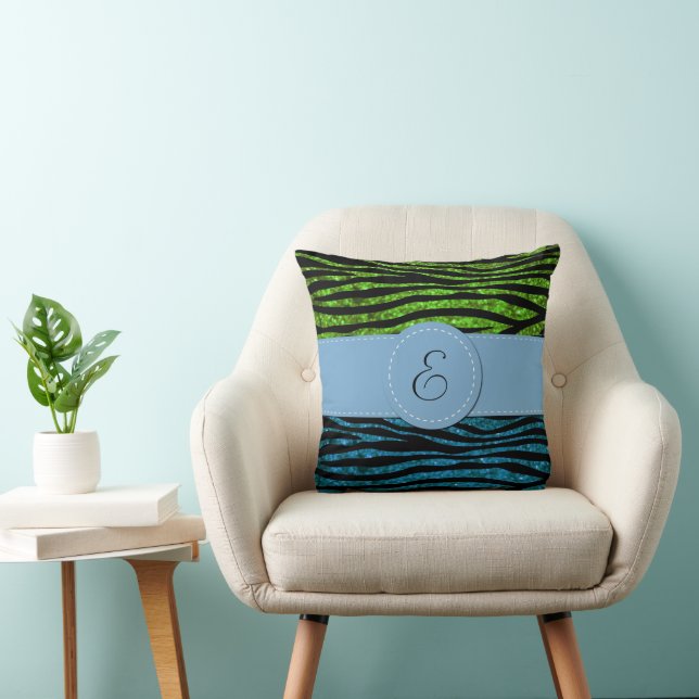 Blue Zebra, Green Zebra, Glitter Zebra, Monogram Cushion (Chair)