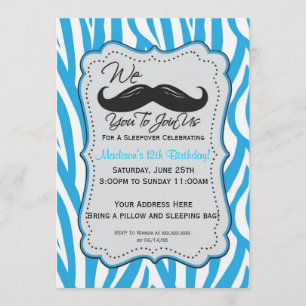 Blue Zebra Moustache Sleepover Party! Invitation