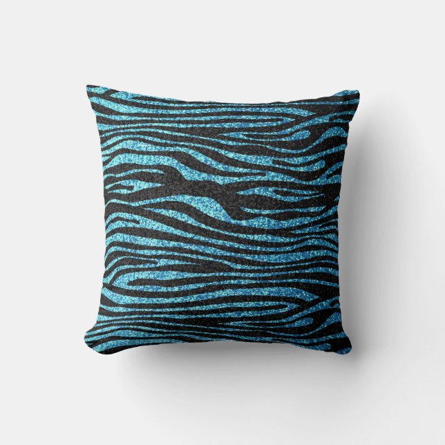 Blue zebra print (faux glitter bling) cushion (Front)