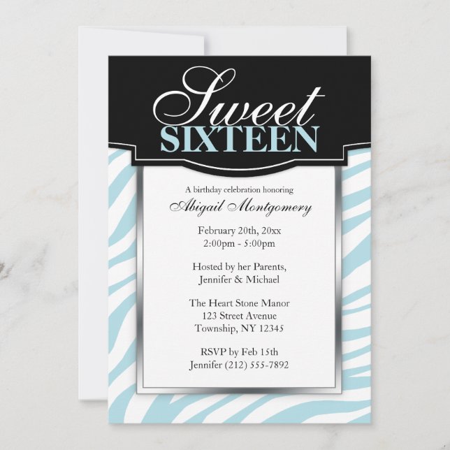 Blue Zebra Print Sweet 16 Birthday Invitations (Front)