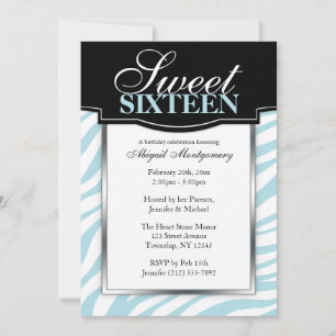 Blue Zebra Print Sweet 16 Birthday Invitations