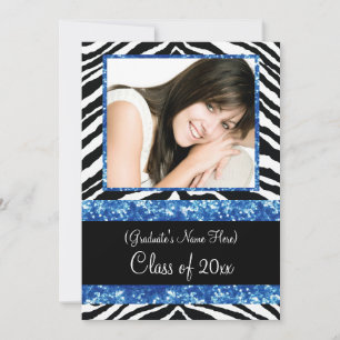 Blue Zebra Sparkle Girls Graduation Party Invitation