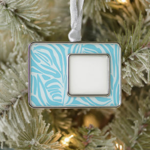 Blue Zebra Stripe Pattern Silver Plated Framed Ornament