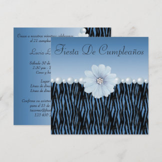 Blue Zebra Stripes, Pearls & Flower Birthday Party Invitation