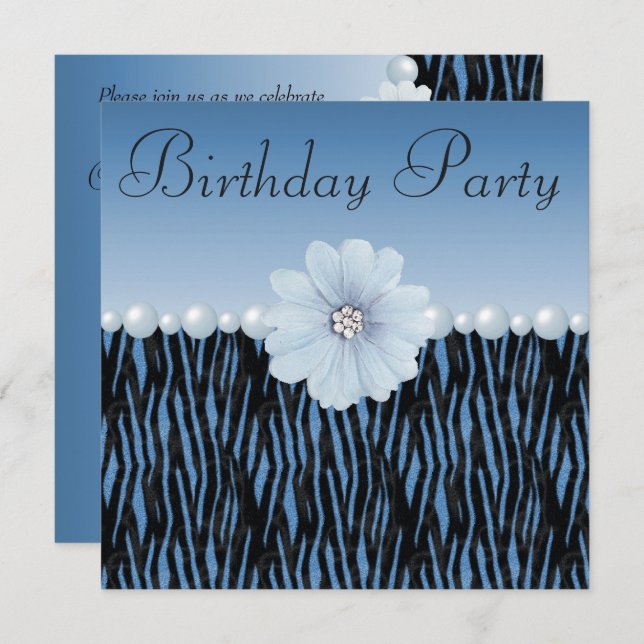 Blue Zebra Stripes, Pearls & Flower Birthday Party Invitation (Front/Back)