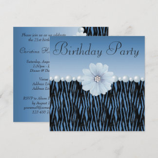 Blue Zebra Stripes, Pearls & Flower Birthday Party Invitation