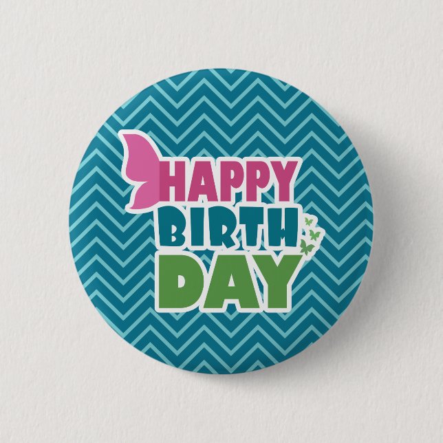 Blue zig zag happy birthday pinback button gift (Front)