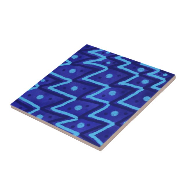 Blue Zig Zags Dots Funky Pattern  Ceramic Tile (Side)
