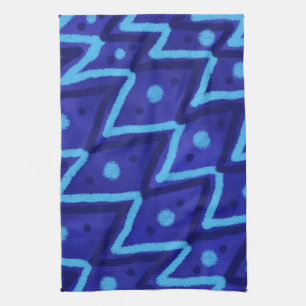Blue Zig Zags Dots Funky Pattern Tea Towel