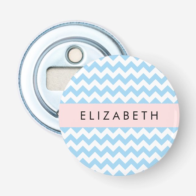Blue Zigzag, Blue Chevron, Wave Pattern, Your Name Bottle Opener (Front)