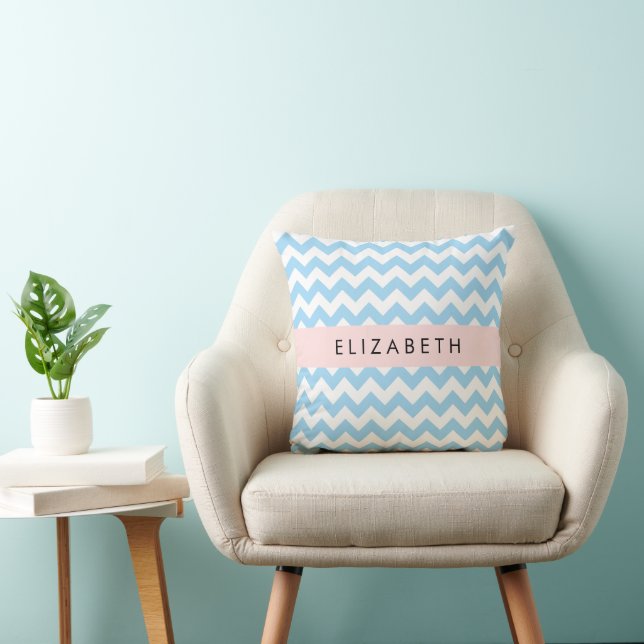 Blue Zigzag, Blue Chevron, Wave Pattern, Your Name Cushion (Chair)