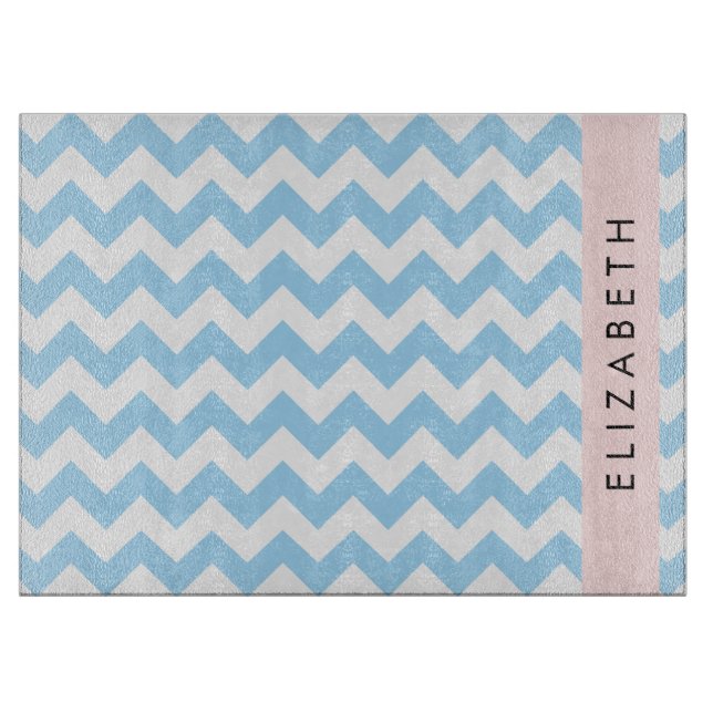Blue Zigzag, Blue Chevron, Wave Pattern, Your Name Cutting Board (Front)