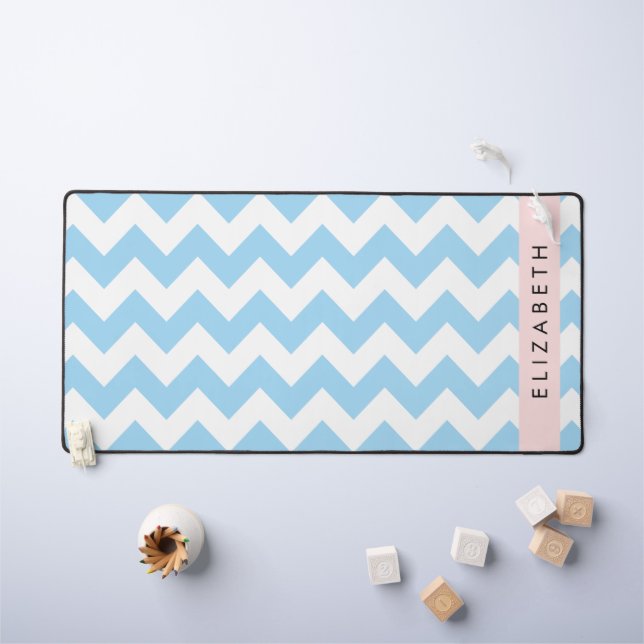 Blue Zigzag, Blue Chevron, Wave Pattern, Your Name Desk Mat (Kids Table)
