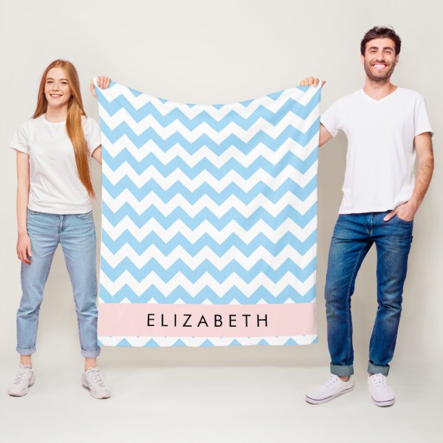 Blue Zigzag, Blue Chevron, Wave Pattern, Your Name Fleece Blanket (In Situ)
