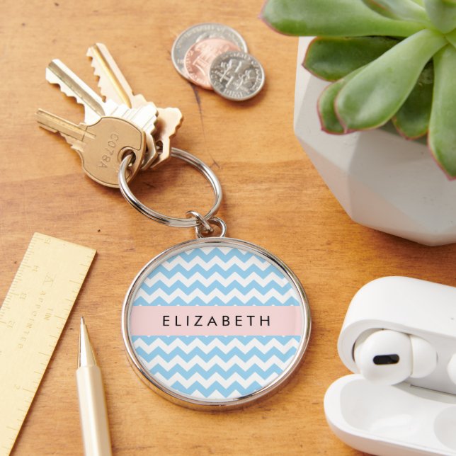 Blue Zigzag, Blue Chevron, Wave Pattern, Your Name Key Ring (Desk)