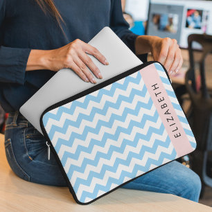Blue Zigzag, Blue Chevron, Wave Pattern, Your Name Laptop Sleeve