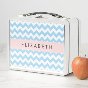 Blue Zigzag, Blue Chevron, Wave Pattern, Your Name Metal Lunch Box